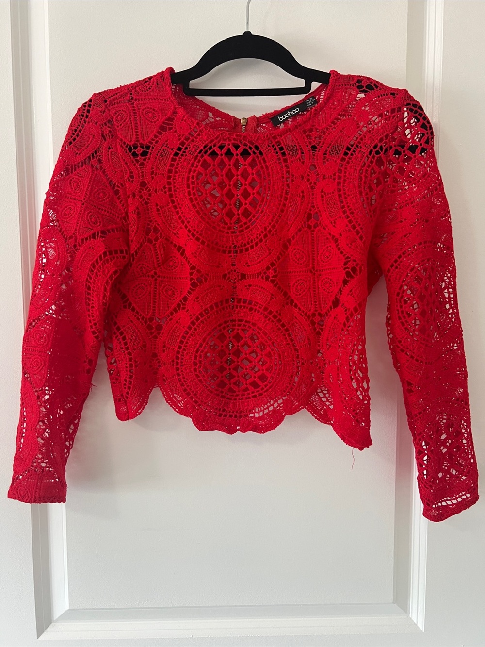 Boohoo Red Crochet Lace Long Sleeve Tunic Top